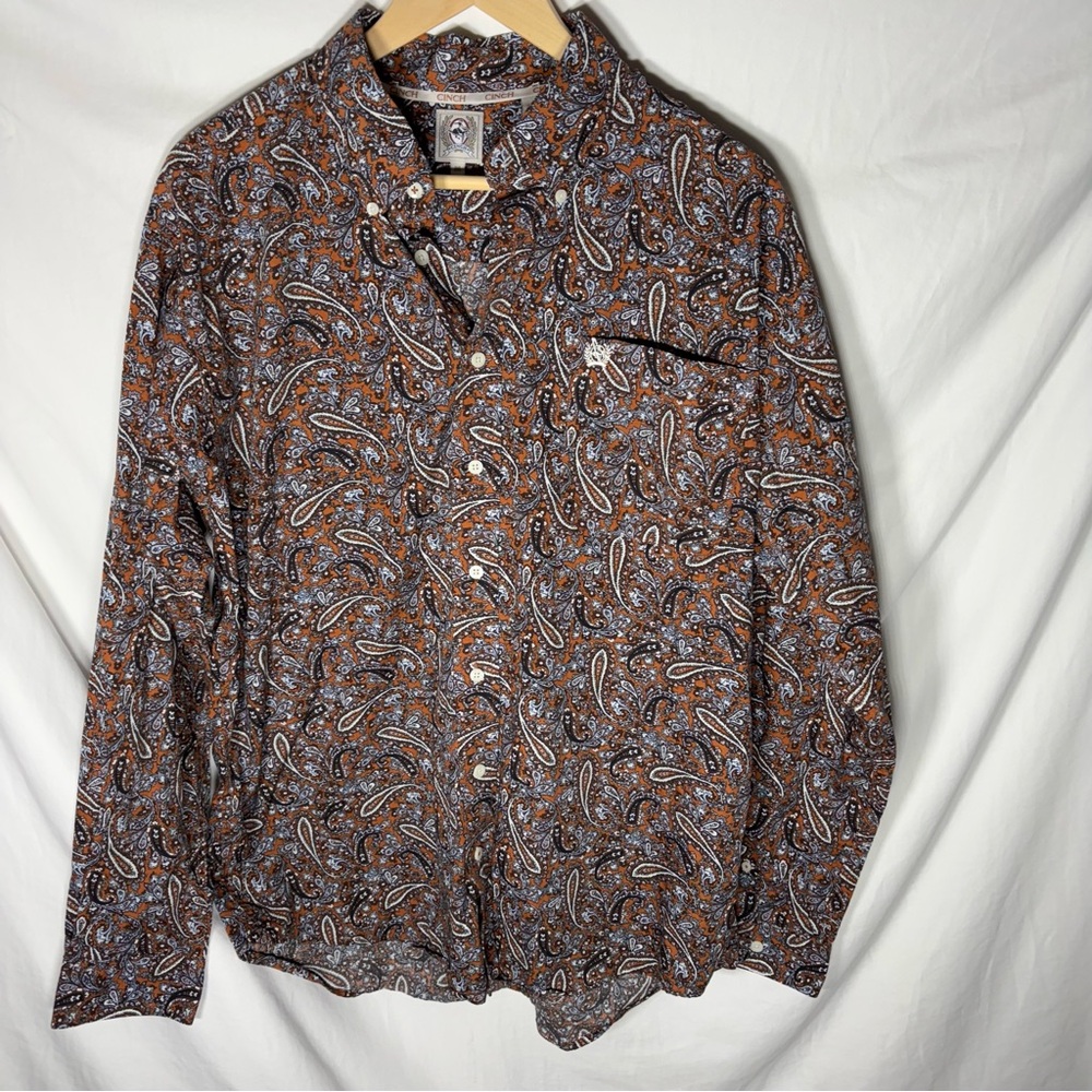 Cinch Mens Brown Paisley Long Sleeve Button‎ Down Western Shirt Size Medium
